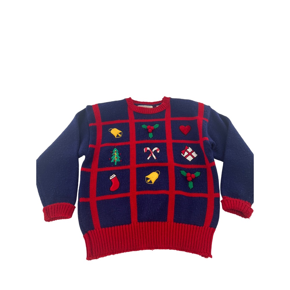Vintage Ugly Christmas Sweater Holiday bells candy cane Appliqué M